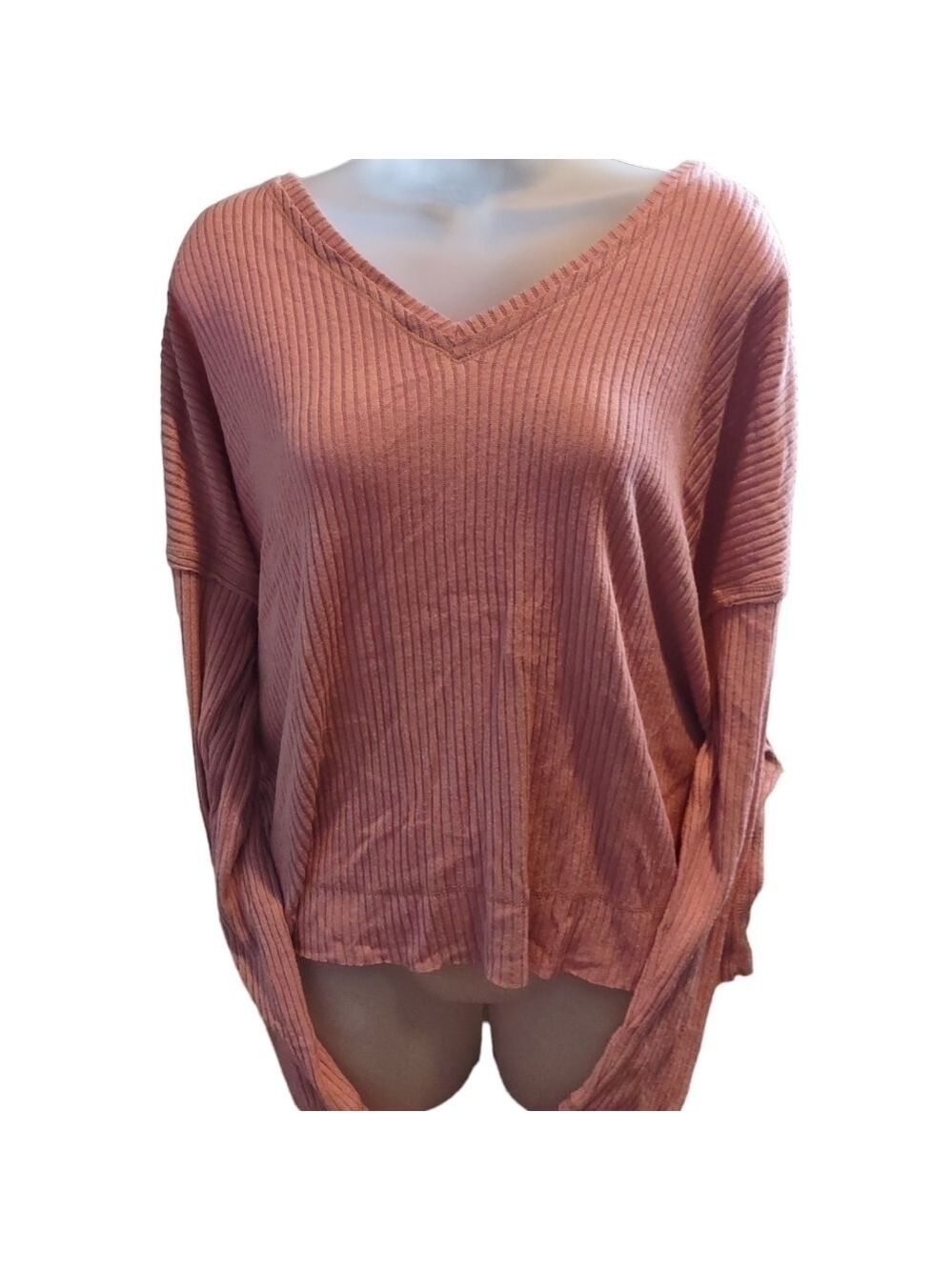 Wild Fable Pink Ribbed V Neck Long Sleeve T Shirt Small